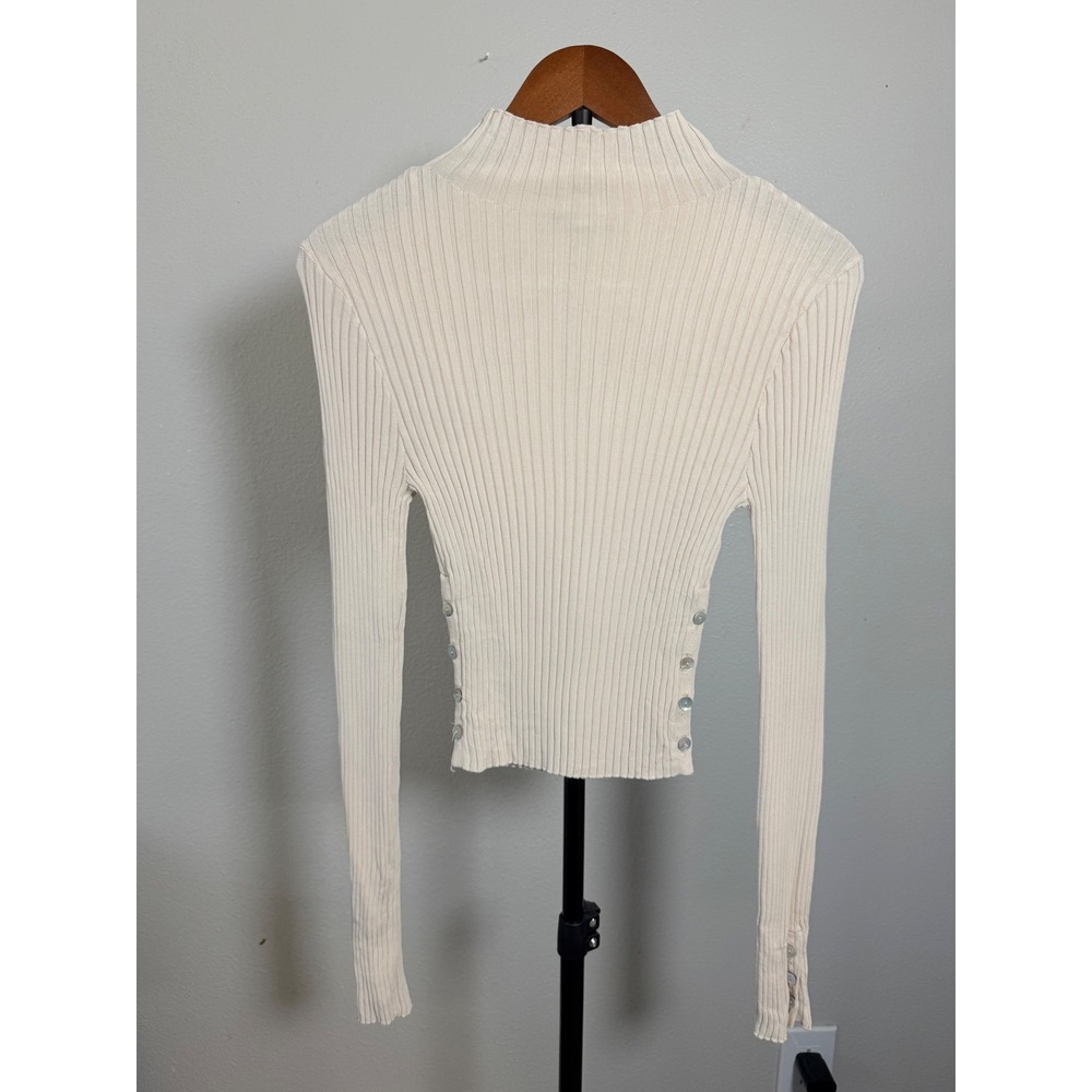 Zara Cream Ribbed Mock Neck Long Sleeve Top with Side Buttons Size M